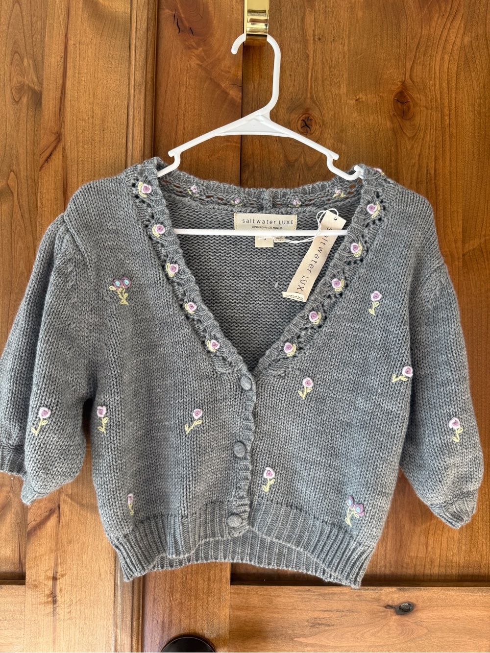 saltwater LUXE Gray Floral Embroidered V-Neck Cardigan